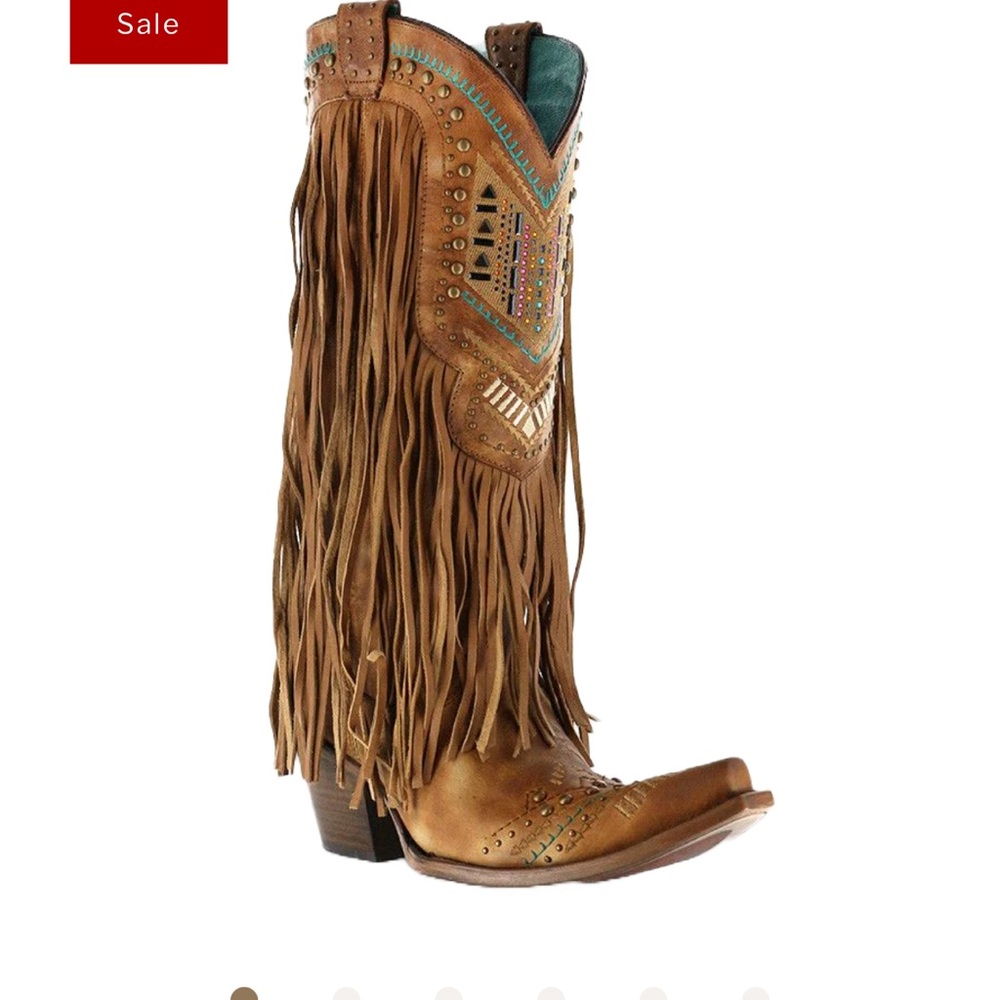 Corral Tan and Teal Fringe Heeled Boots - Picture 8 of 8